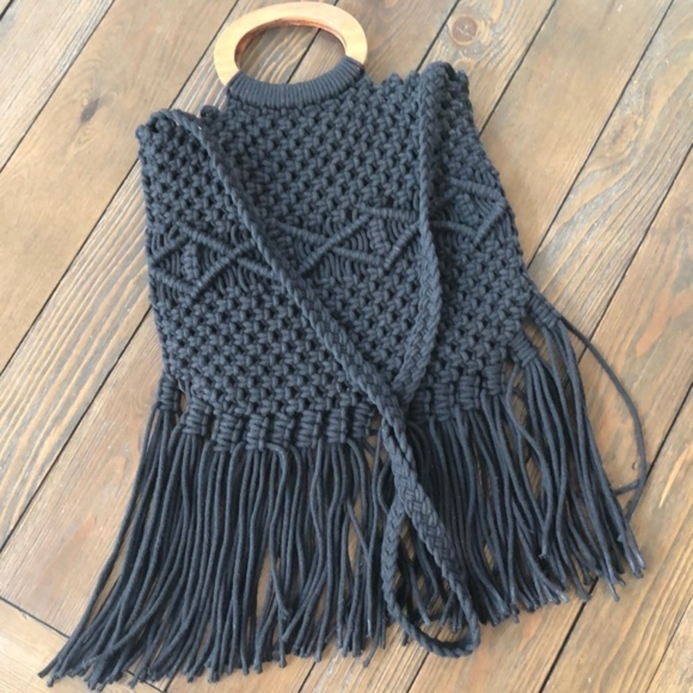 Danielle Nicole Black Fringed Macrame Boho Bag - image 5